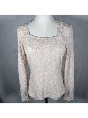 Vintage Women's Long Sleeve Textured Cream Blouse Size Medium Cottage Core